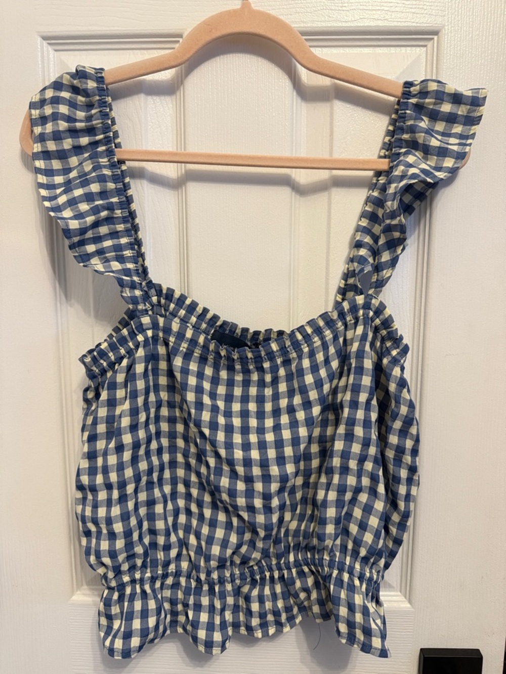 Indigo Rising Blue and White Gingham Ruffle Crop Tank Sz L
